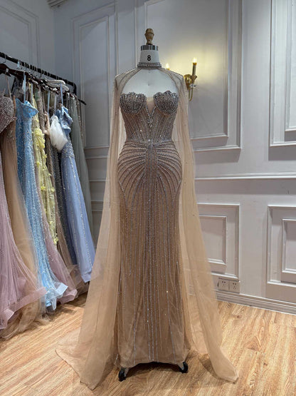 Luxury Nude High Neck Crystal Beaded Mermaid Dress LA73474A