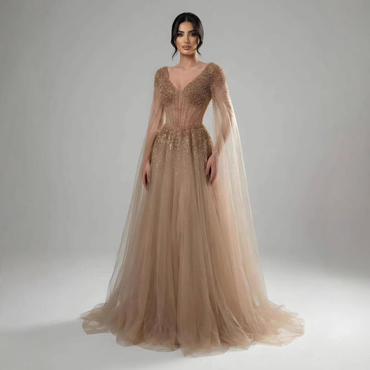 Luxury Caramel Beaded A-Line Evening Dress with Cape Sleeves LA73476