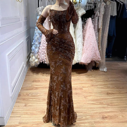 Luxury Arabic Saudi Coffee Lace Beaded Mermaid Evening Dress LA73484