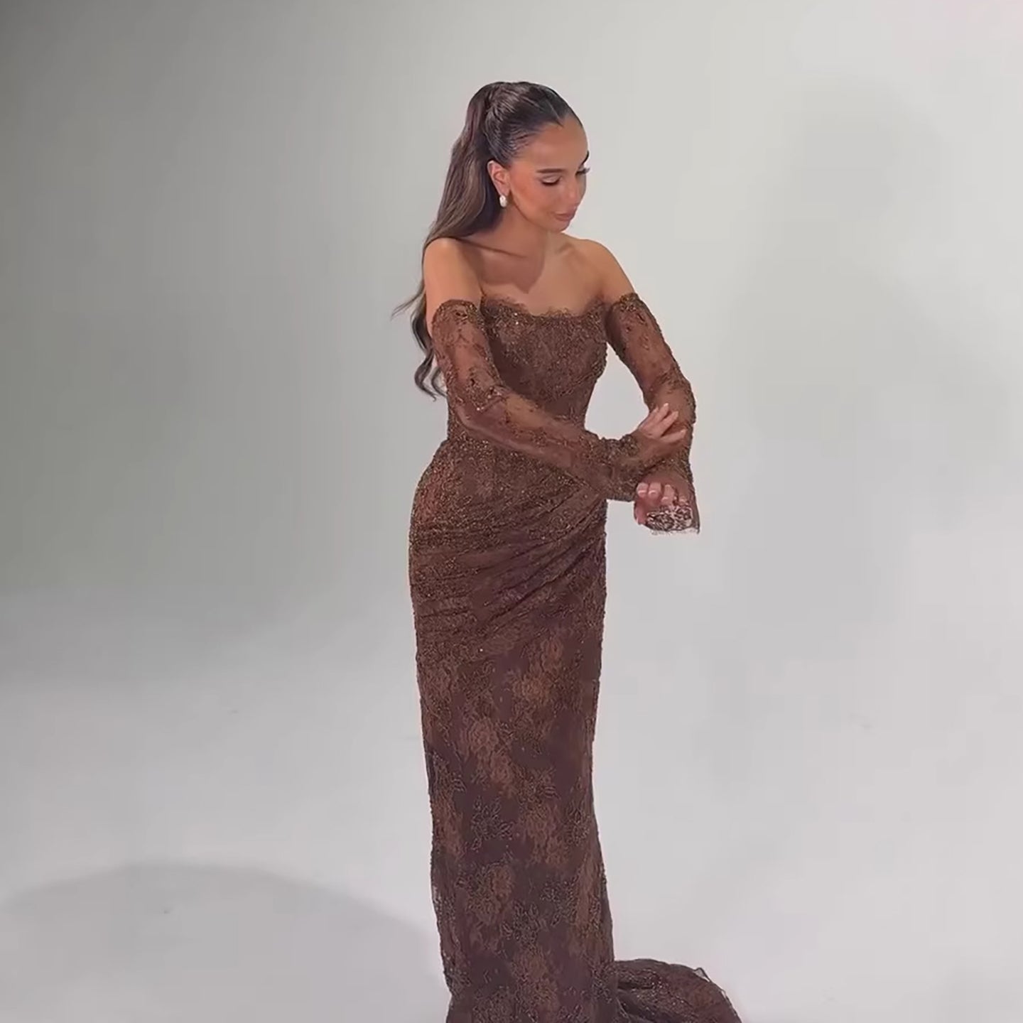 Luxury Arabic Saudi Coffee Lace Beaded Mermaid Evening Dress LA73484