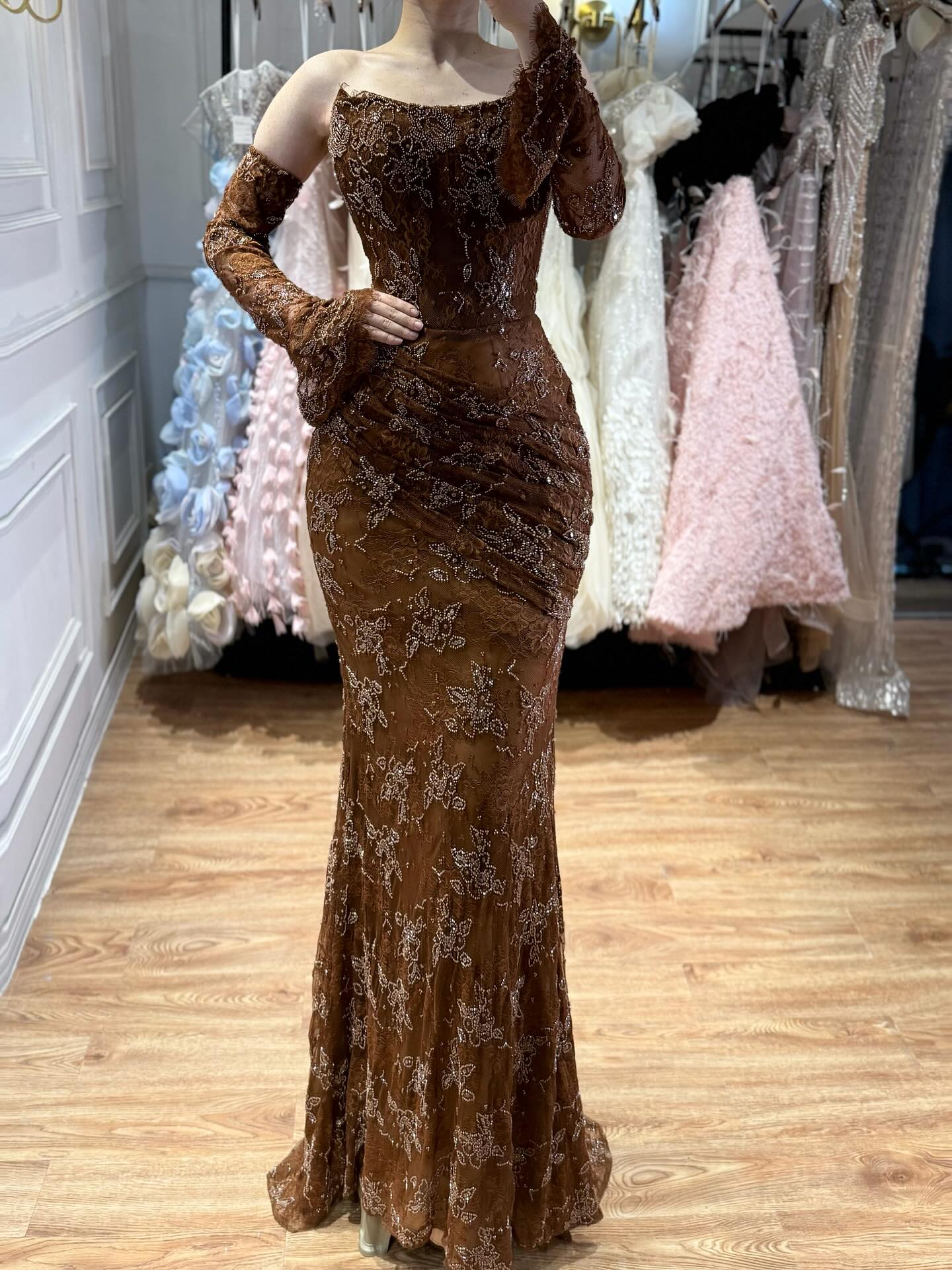 Luxury Arabic Saudi Coffee Lace Beaded Mermaid Evening Dress LA73484