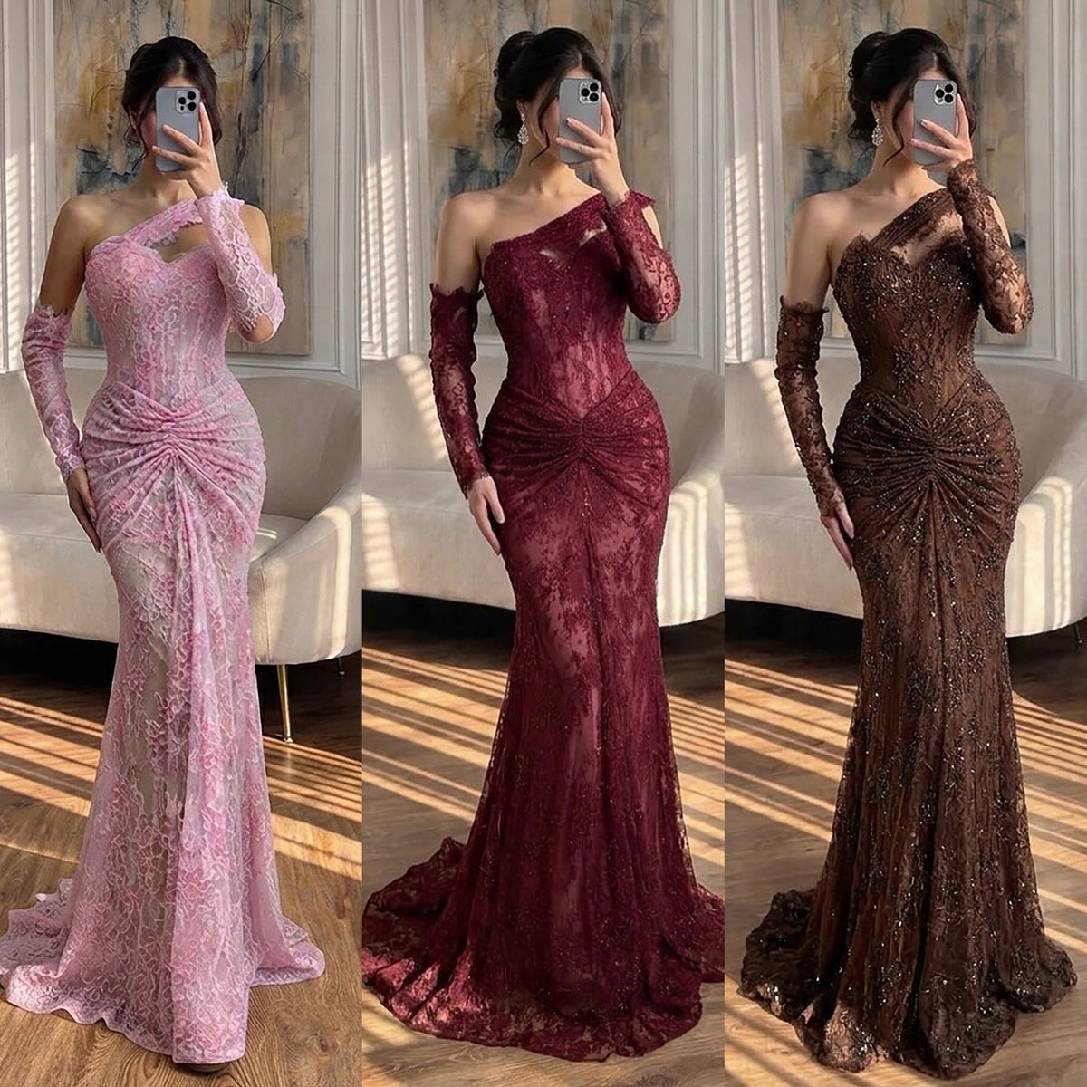 Luxury Wine Red Lace Beaded Mermaid One Shoulder Evening Dress LA73484B