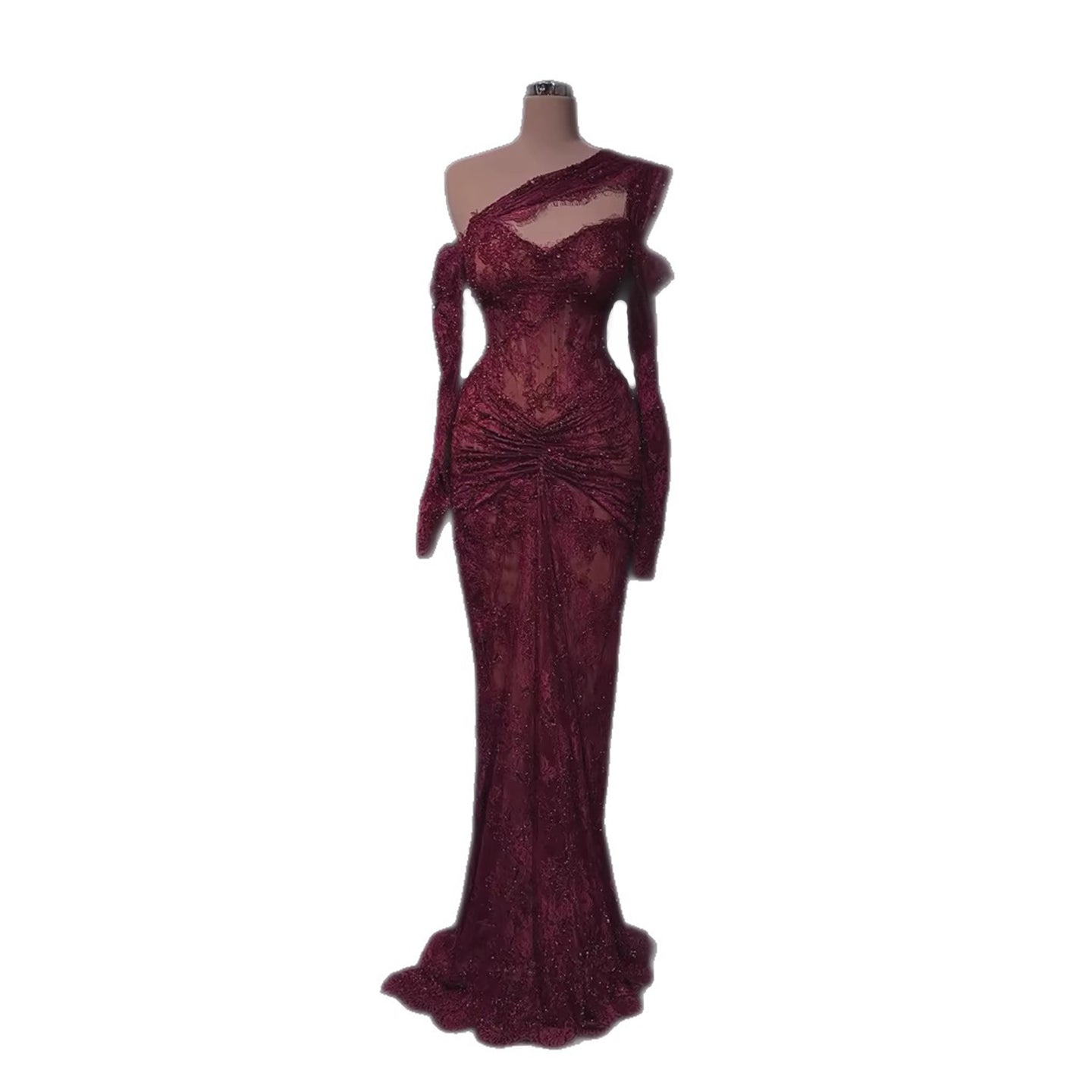 Luxury Wine Red Lace Beaded Mermaid One Shoulder Evening Dress LA73484B