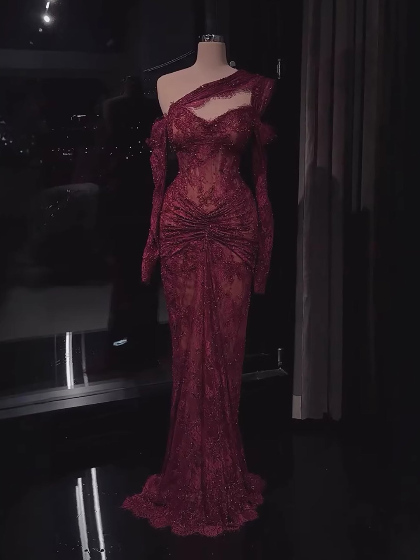 Luxury Wine Red Lace Beaded Mermaid One Shoulder Evening Dress LA73484B