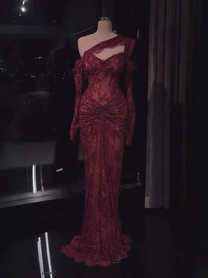 Luxury Wine Red Lace Beaded Mermaid One Shoulder Evening Dress LA73484B