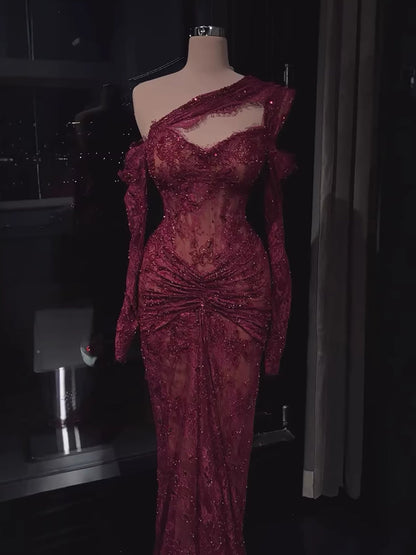 Luxury Wine Red Lace Beaded Mermaid One Shoulder Evening Dress LA73484B