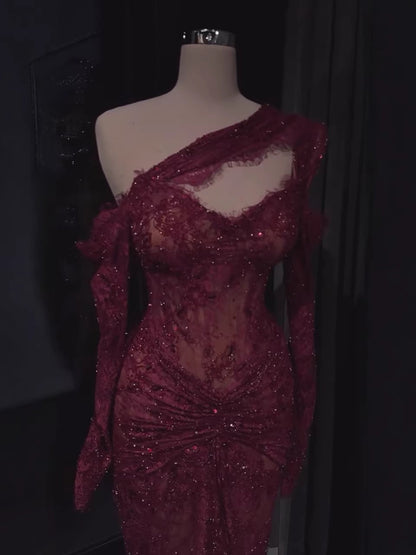 Luxury Wine Red Lace Beaded Mermaid One Shoulder Evening Dress LA73484B