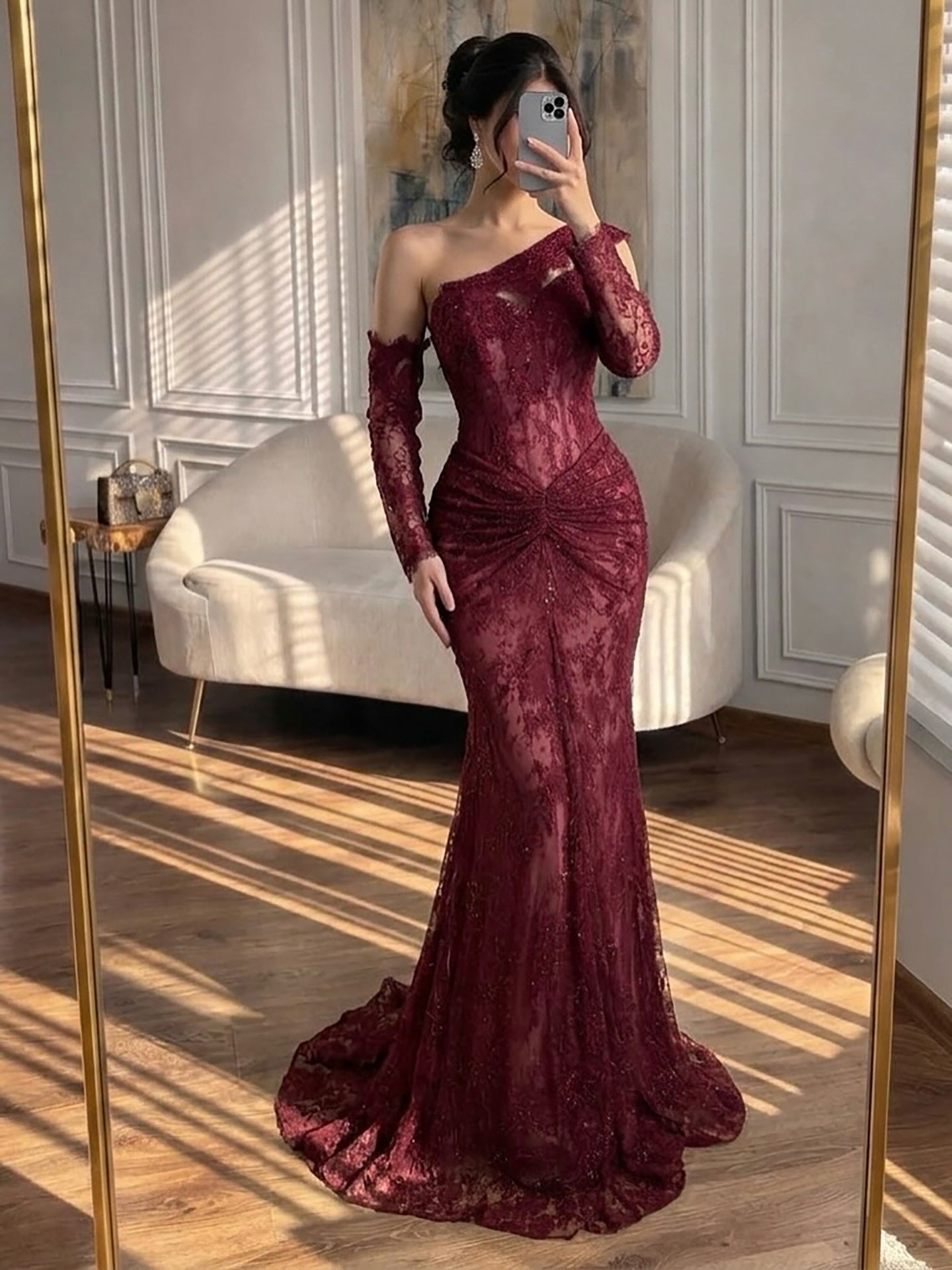 Luxury Wine Red Lace Beaded Mermaid One Shoulder Evening Dress LA73484B