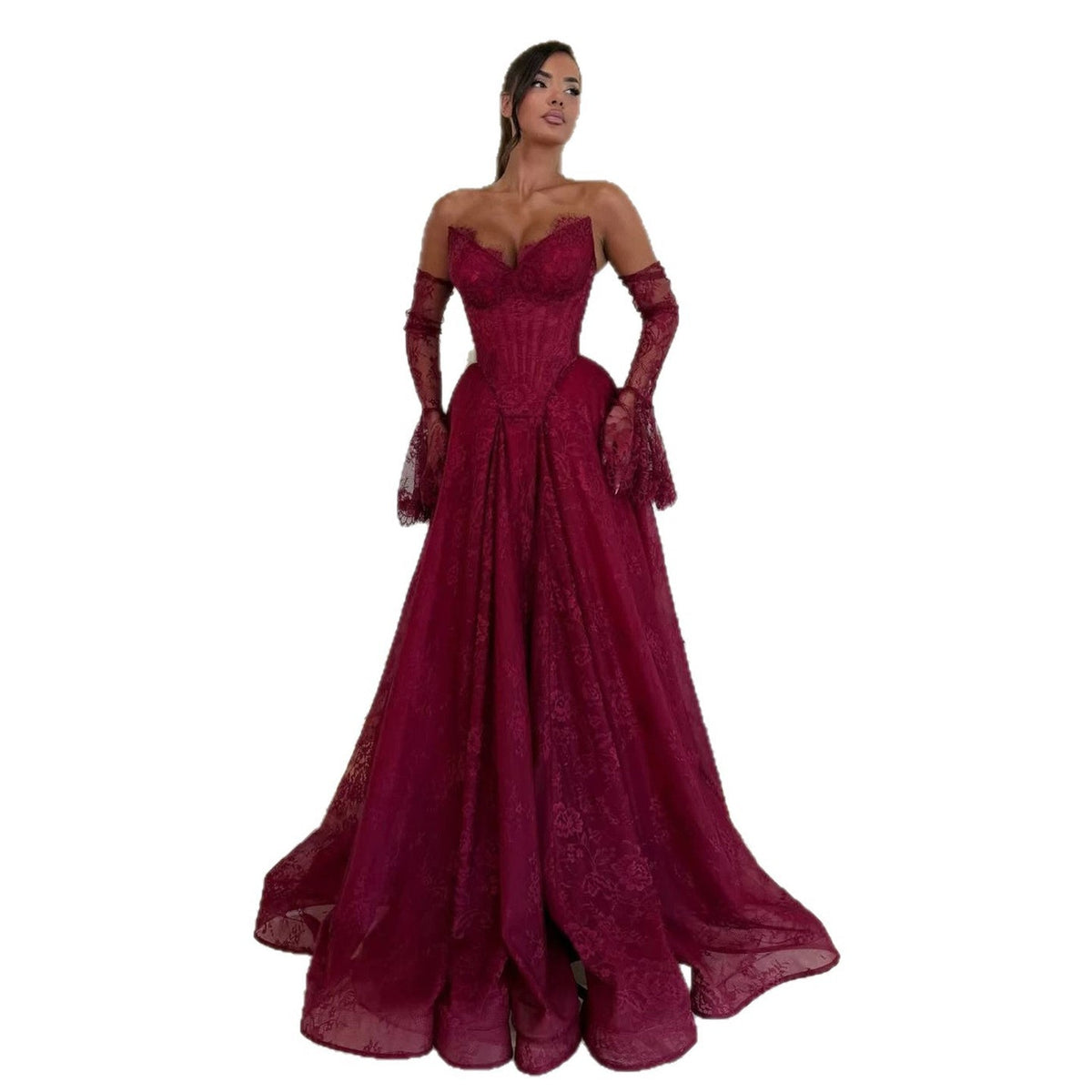 Wine Red Lace Strapless A Line Evening Dress with Sleeves LA73484D