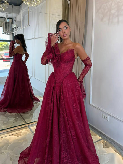Wine Red Lace Strapless A Line Evening Dress with Sleeves LA73484D