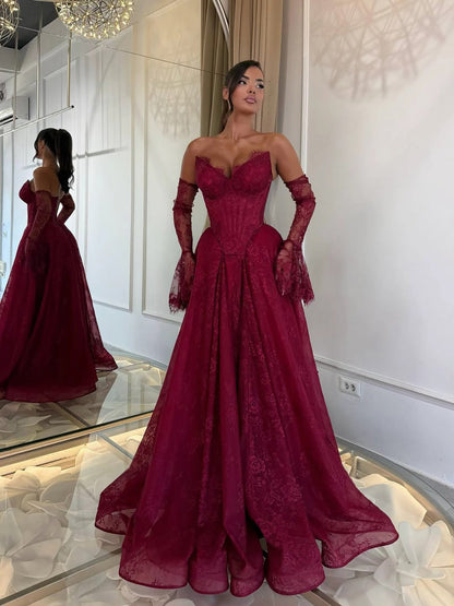 Wine Red Lace Strapless A Line Evening Dress with Sleeves LA73484D