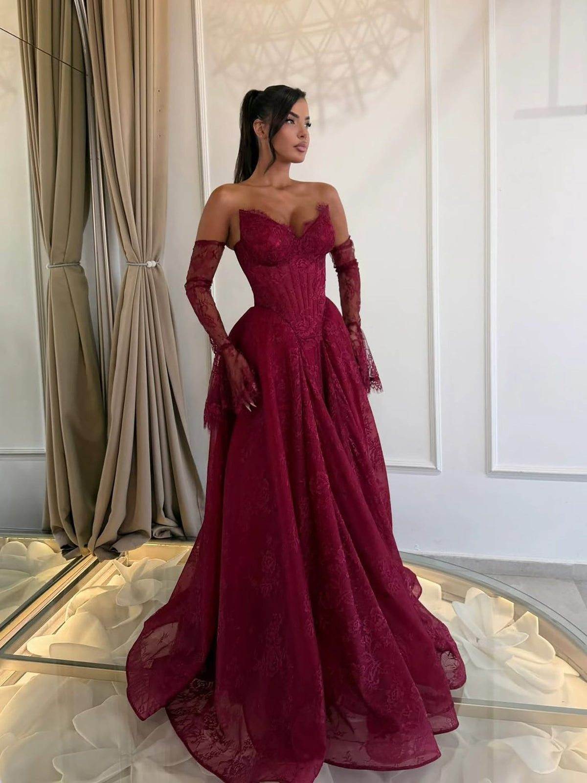 Wine Red Lace Strapless A Line Evening Dress with Sleeves LA73484D