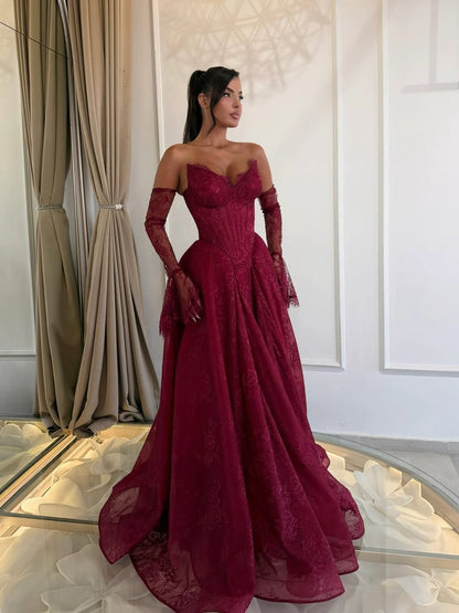 Wine Red Lace Strapless A Line Evening Dress with Sleeves LA73484D