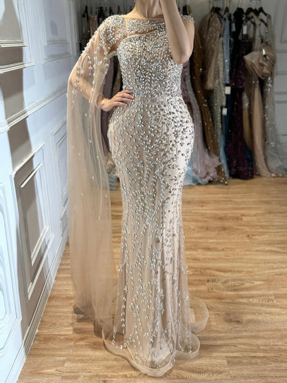 Luxury Nude Silver One Shoulder Crystal Beaded Mermaid Evening Dress With Cape LA73485
