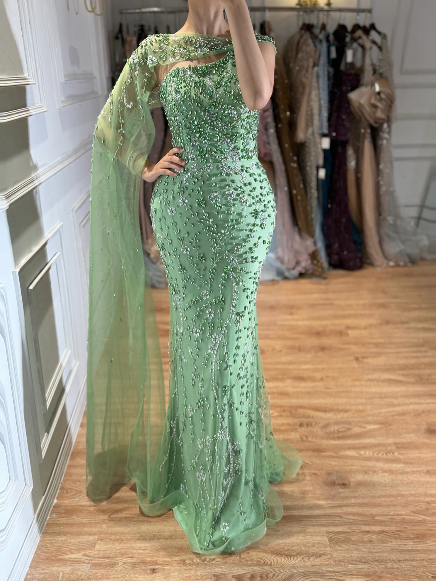 Luxury Nude Silver One Shoulder Crystal Beaded Mermaid Evening Dress With Cape LA73485
