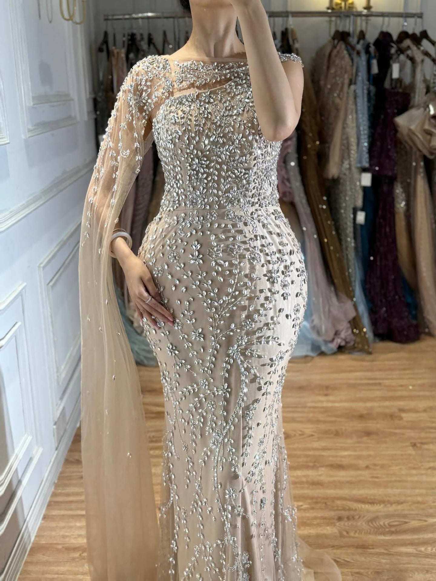Luxury Nude Silver One Shoulder Crystal Beaded Mermaid Evening Dress With Cape LA73485