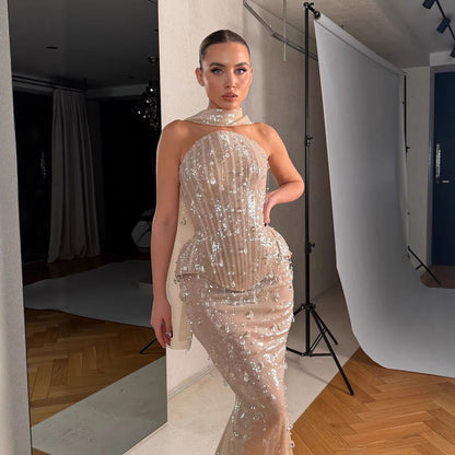 Luxury Champagne Strapless Beaded Mermaid Evening Dress With Scarf LA73488