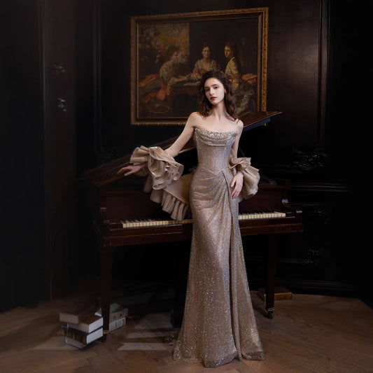 Luxury Gold Strapless Crystal Beaded Mermaid Evening Dress With Cape LA73489