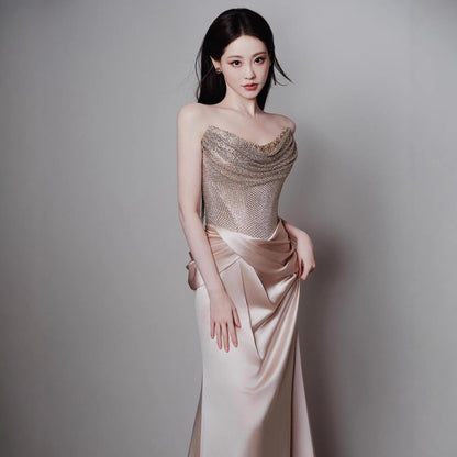 Luxury Champagne Beaded Mermaid Evening Dress With Scarf LA73490