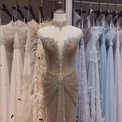Luxury Gold Crystal Beaded Mermaid Evening Dress LA73491
