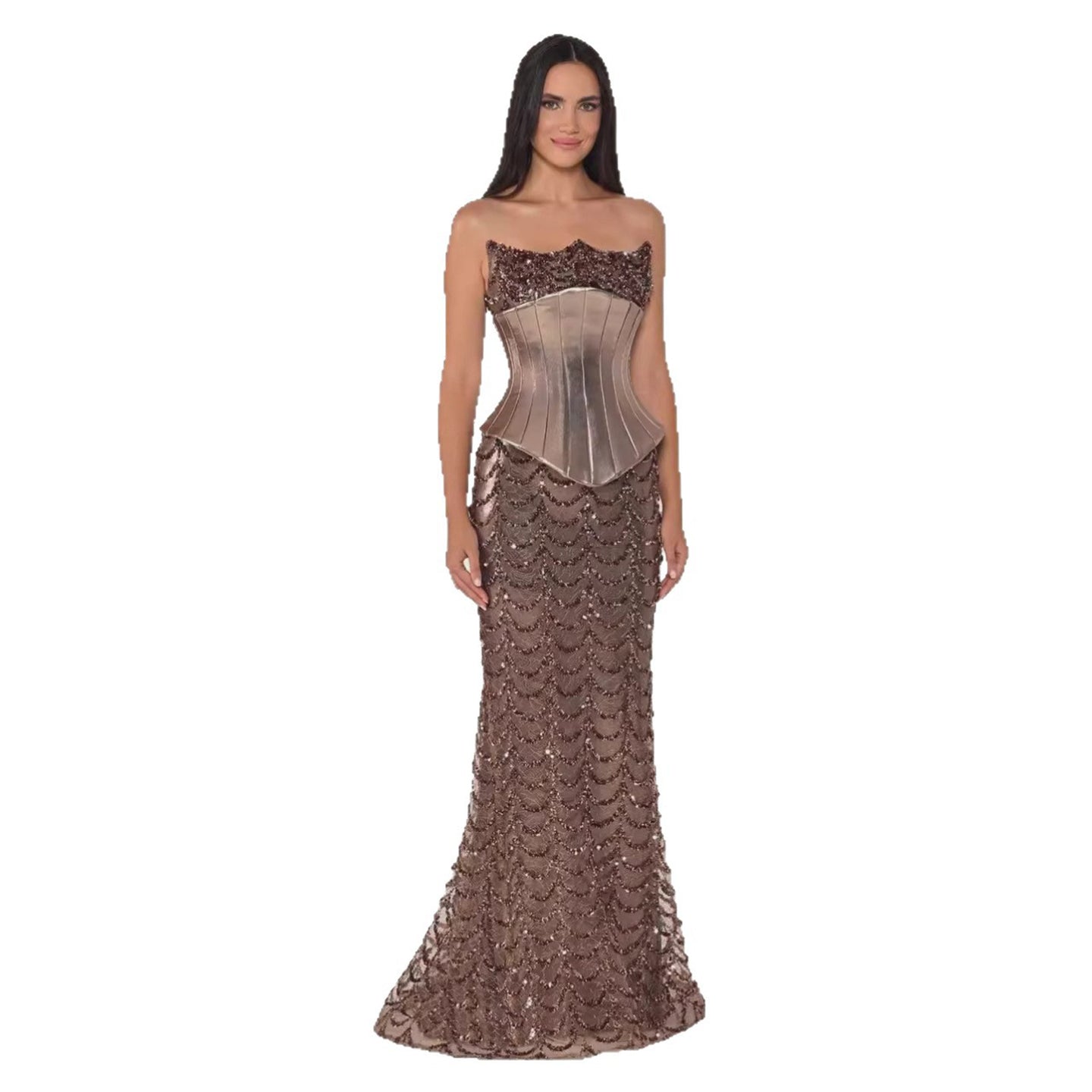 Luxury Coffee Strapless Beaded Corset Mermaid Evening Dress LA73505