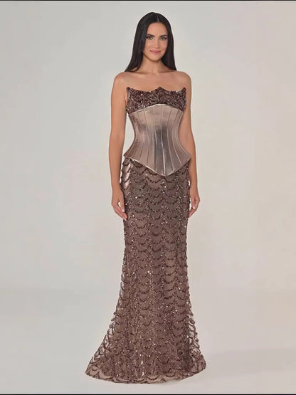 Luxury Coffee Strapless Beaded Corset Mermaid Evening Dress LA73505