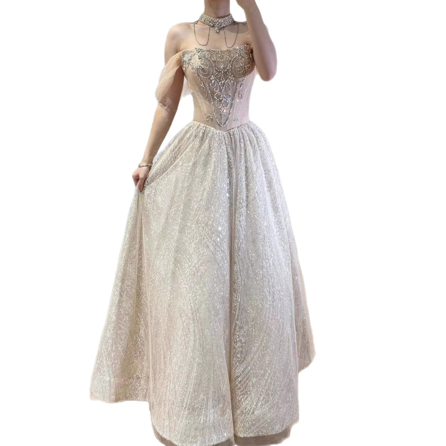 Luxury Beige Crystal Beaded A Line Evening Dress LA73506