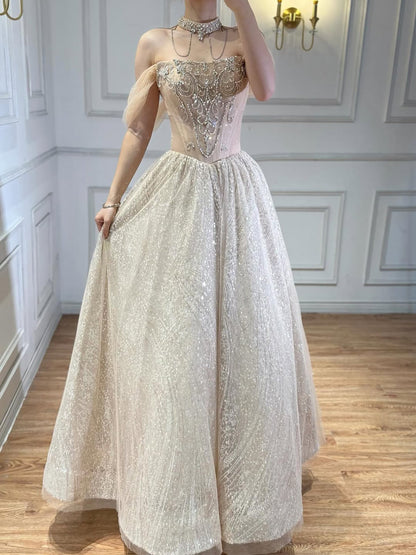 Luxury Beige Crystal Beaded A Line Evening Dress LA73506