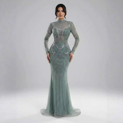 Luxury Nude Modest High Neck Long Sleeves Beaded Mermaid Evening Dress LA73519