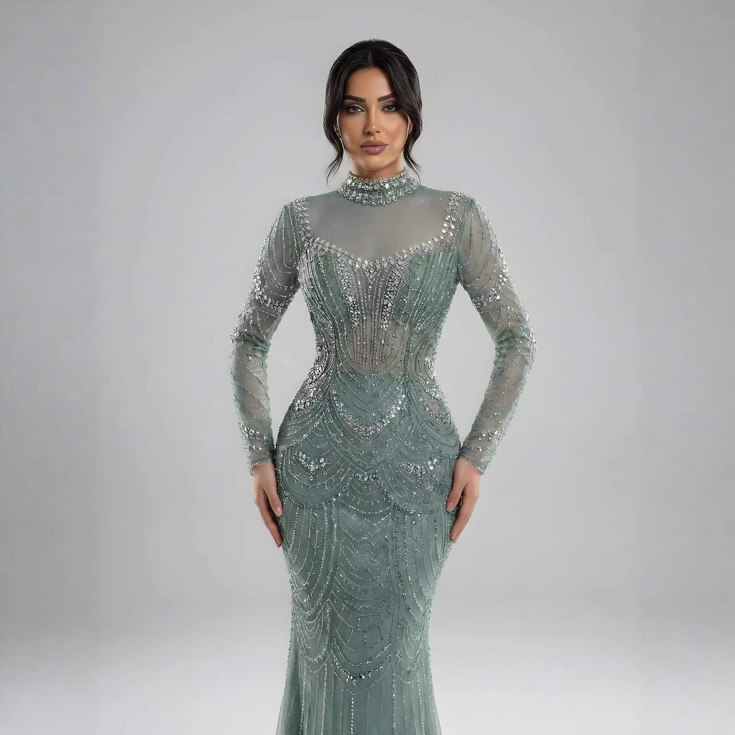 Luxury Nude Modest High Neck Long Sleeves Beaded Mermaid Evening Dress LA73519