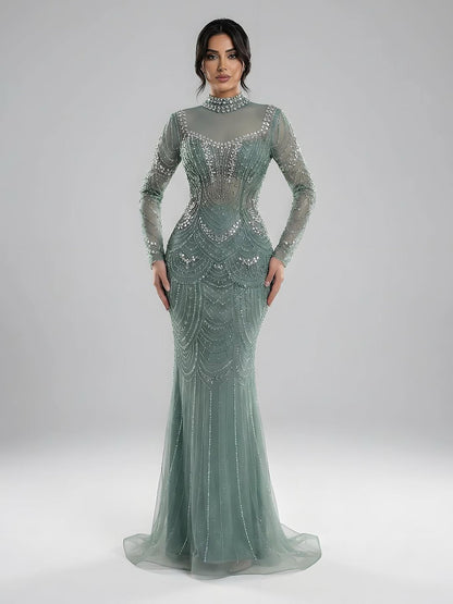 Luxury Nude Modest High Neck Long Sleeves Beaded Mermaid Evening Dress LA73519