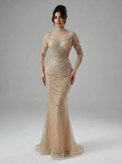 Luxury Nude Modest High Neck Long Sleeves Beaded Mermaid Evening Dress LA73519
