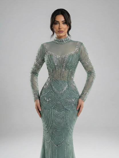 Luxury Nude Modest High Neck Long Sleeves Beaded Mermaid Evening Dress LA73519