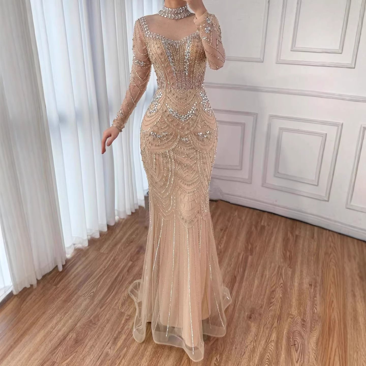 Luxury Nude Modest High Neck Long Sleeves Beaded Mermaid Evening Dress LA73519
