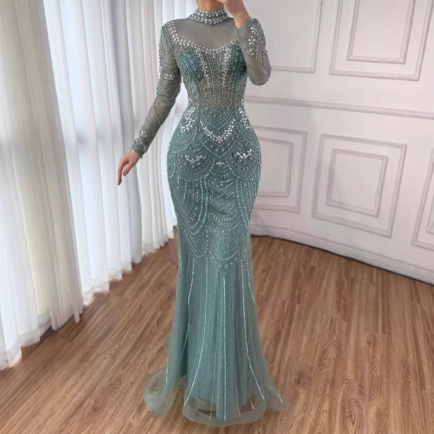 Luxury Nude Modest High Neck Long Sleeves Beaded Mermaid Evening Dress LA73519