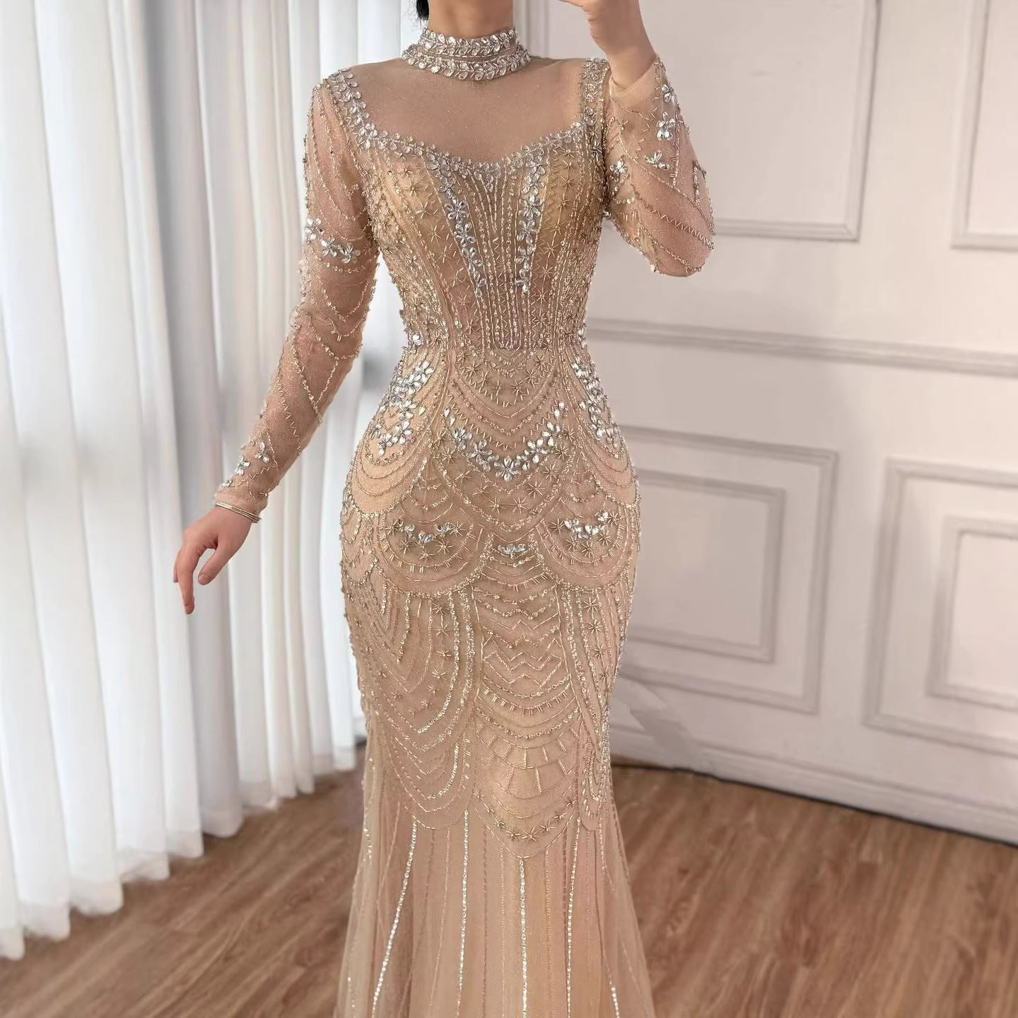 Luxury Nude Modest High Neck Long Sleeves Beaded Mermaid Evening Dress LA73519
