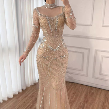 Luxury Nude Modest High Neck Long Sleeves Beaded Mermaid Evening Dress LA73519