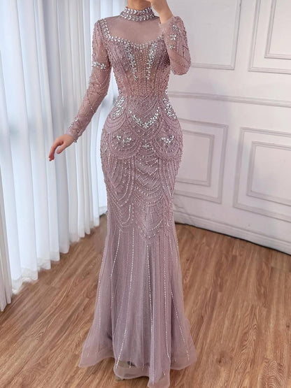 Luxury Nude Modest High Neck Long Sleeves Beaded Mermaid Evening Dress LA73519