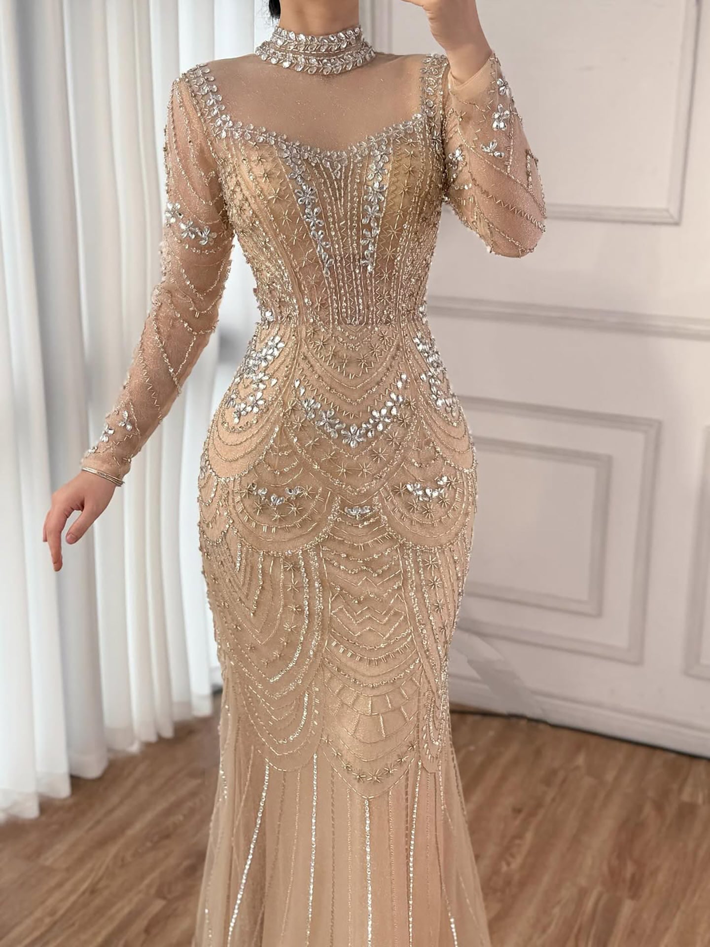 Luxury Nude Modest High Neck Long Sleeves Beaded Mermaid Evening Dress LA73519