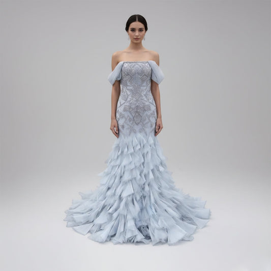 Luxury Dusty Blue Off The Shoulder Beaded Mermaid Evening Dress LA73521