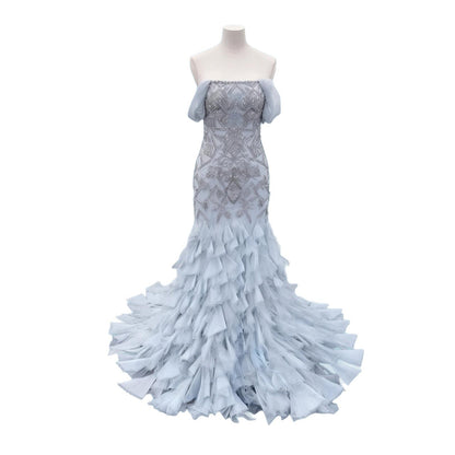 Luxury Dusty Blue Off The Shoulder Beaded Mermaid Evening Dress LA73521