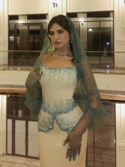 Luxury Green Beige Strapless Elegant Beaded Evening Dress With Gloves LA73526