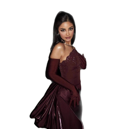 Luxury Wine Red Strapless Beaded Evening Dress With Skirt With Gloves LA73528