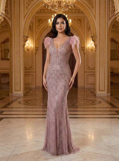 Luxury Caramel Beaded Feather Mermaid Evening Dress LA73529
