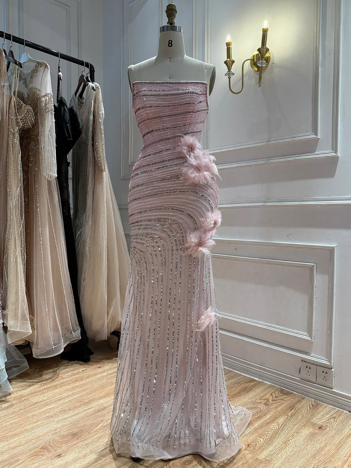 Pink Beaded 3D Floral Strapless Mermaid Evening Dress LA73532A