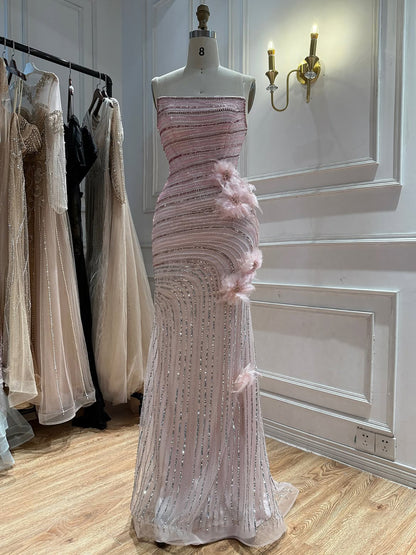 Pink Beaded 3D Floral Strapless Mermaid Evening Dress LA73532A