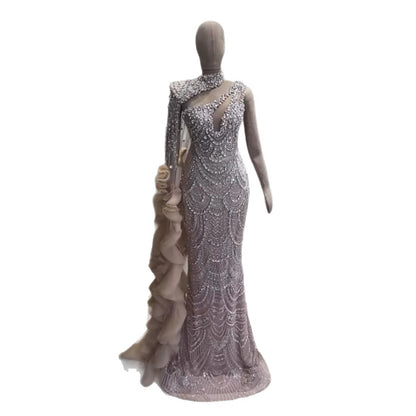 Luxury Nude Crystal One Shoulder Beaded Mermaid Evening Dress LA73533
