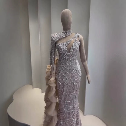 Luxury Nude Crystal One Shoulder Beaded Mermaid Evening Dress LA73533
