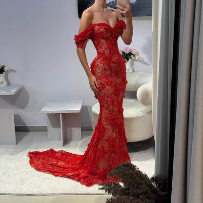 Luxury Stunning Glory Red Strapless 3D Floral Maxi Dress LA73537