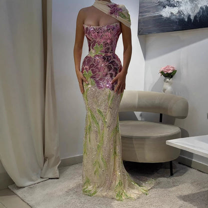 Luxury Purple Flower Evening Prom Dress with Scarf LA73538A